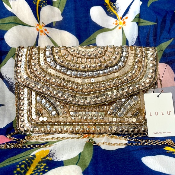 Brand New Lulu Handcrafted Gold Tone Beaded Flap Clutch Chain Crossbody Purse - Picture 12 of 12